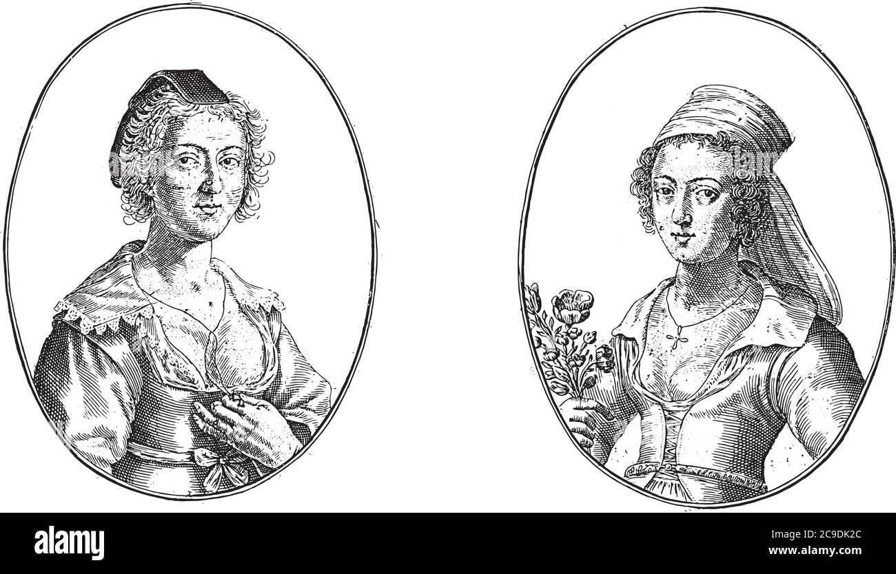 Two scenes on an album page. On the left the courtesan Margo de la belle Gantiere, the wife of a glove maker, and on the right Anna la Bavolette with Stock Vector