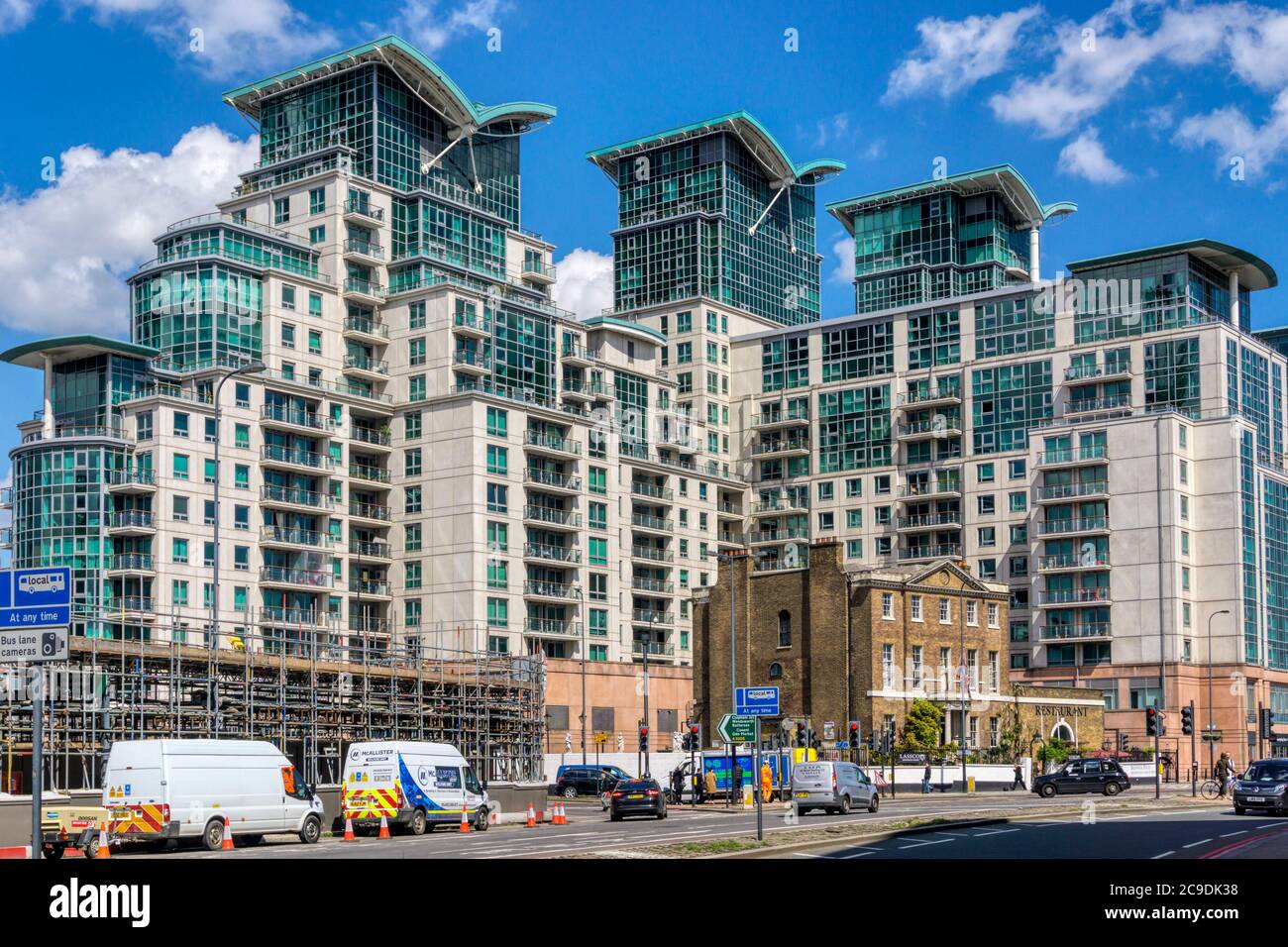 St George Wharf development at Vauxhall, with Brunswick House restaurant & architectural salvage company. Stock Photo