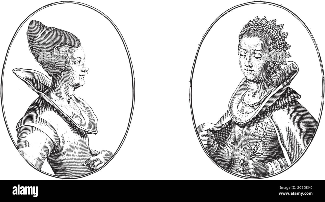 Two depictions on an album sheet. On the left the courtesan called the Schone Malmeuspier and on the right Vrouw Anna L, both from Denmark, vintage en Stock Vector