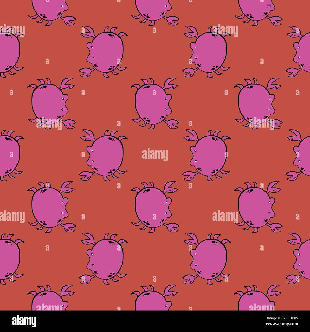 Violet crabs ,seamless pattern on red background. Stock Vector