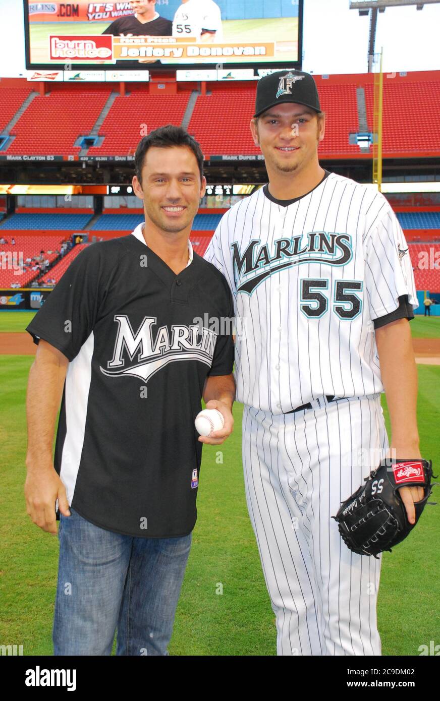 MIAMI, FL - June 6: Actor Jeffrey Donovan star of 'Burn Notice' throws out the first pitch before at a Florida Marlins home game at Dolphin Stadium on June 6, 2009 in Miami, Florida.  People;  Jeffrey Donovan Stock Photo
