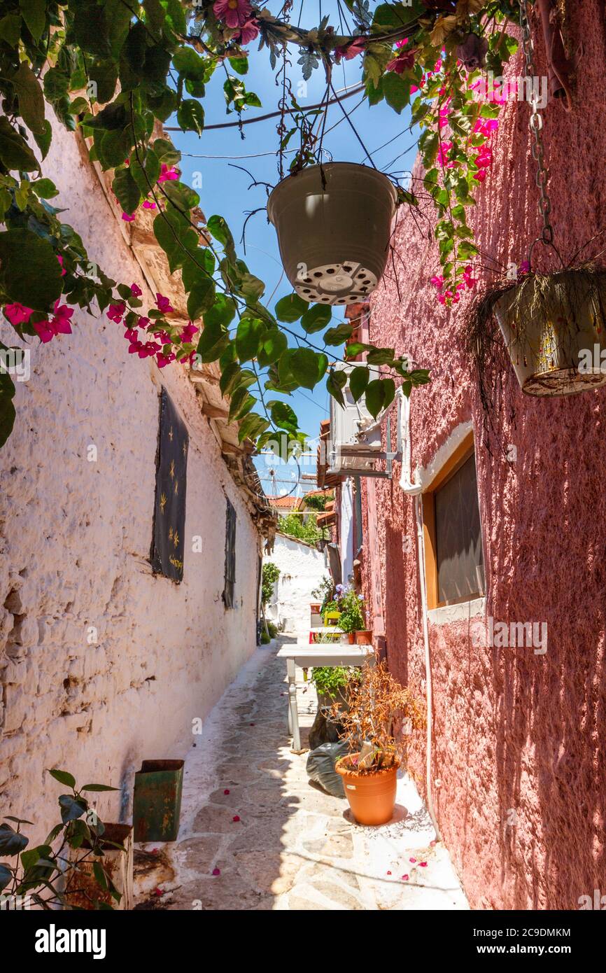 Colorful alley in the old town of Preveza, in Epirus region, Greece ...