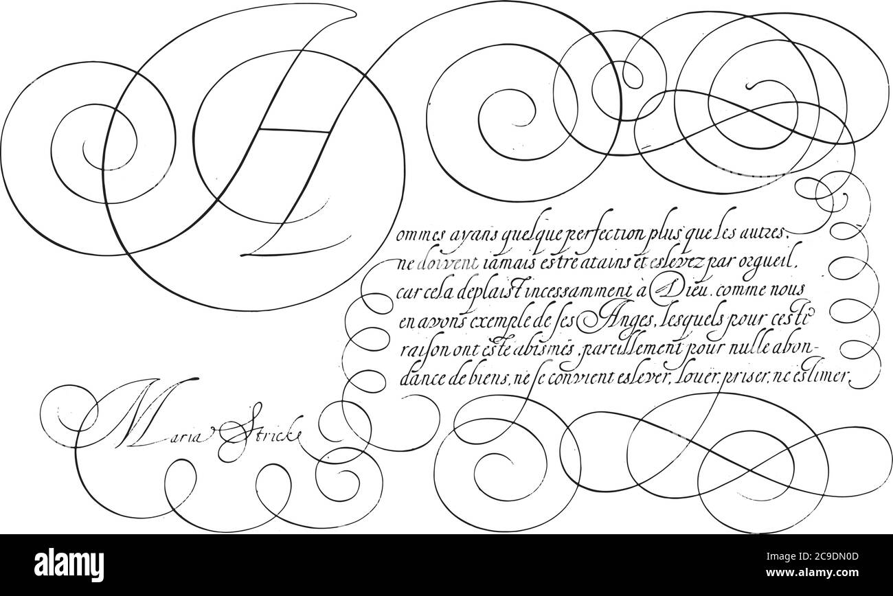Writing example with capital H, Hans Strick, 1618 Writing example in French with capital H and six lines of text, vintage engraving. Stock Vector