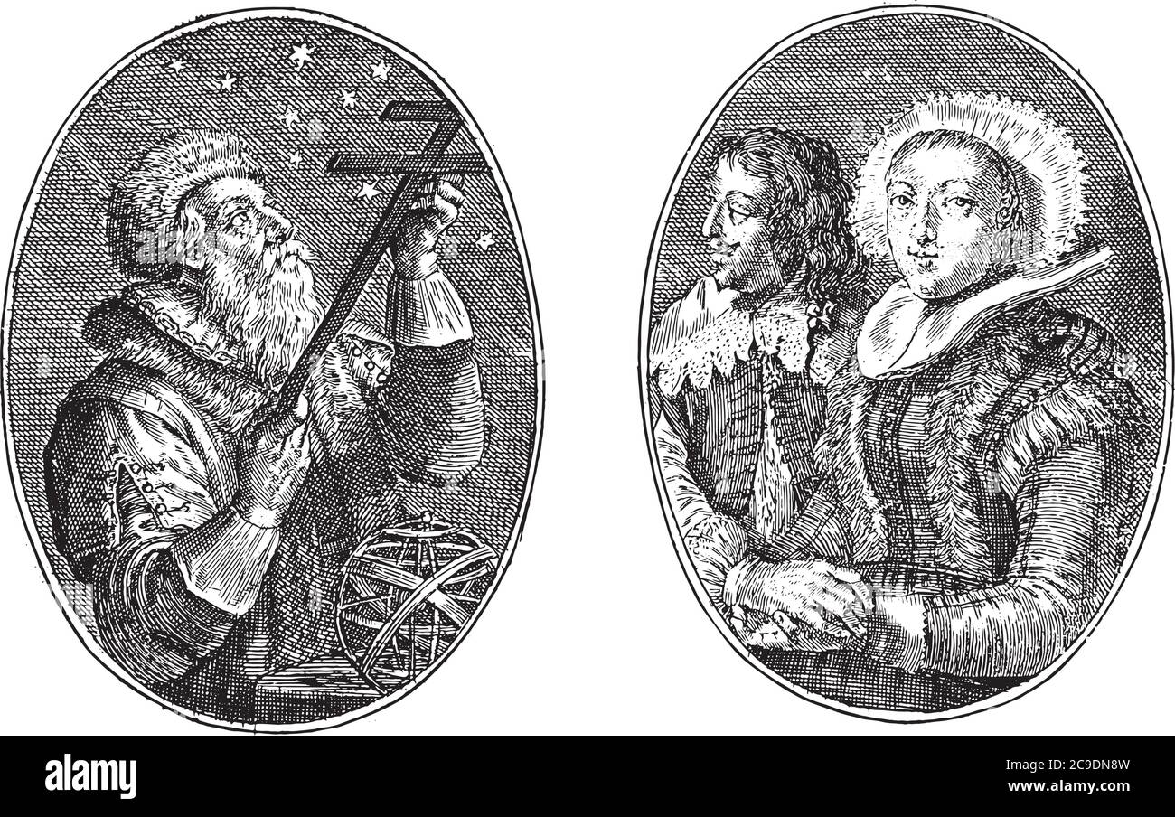 Two representations on an album sheet. On the left an astronomer with astrolabe and Jacob's staff. On the right are a younger woman with another young Stock Vector