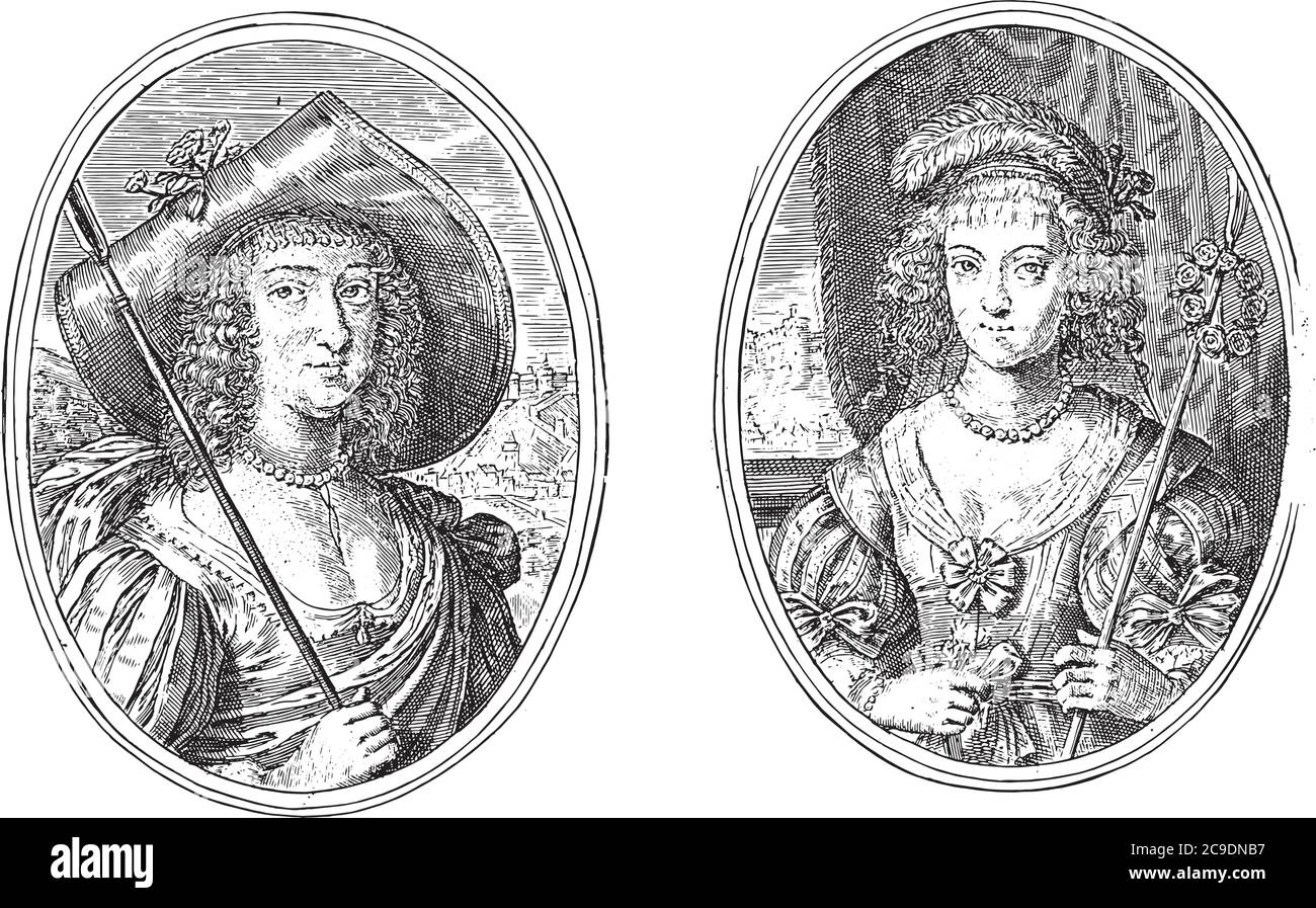 Two scenes on an album sheet. On the left the portrait of Countess Anna of Nassau-Siegen as Anasavia C., vintage engraving. Stock Vector