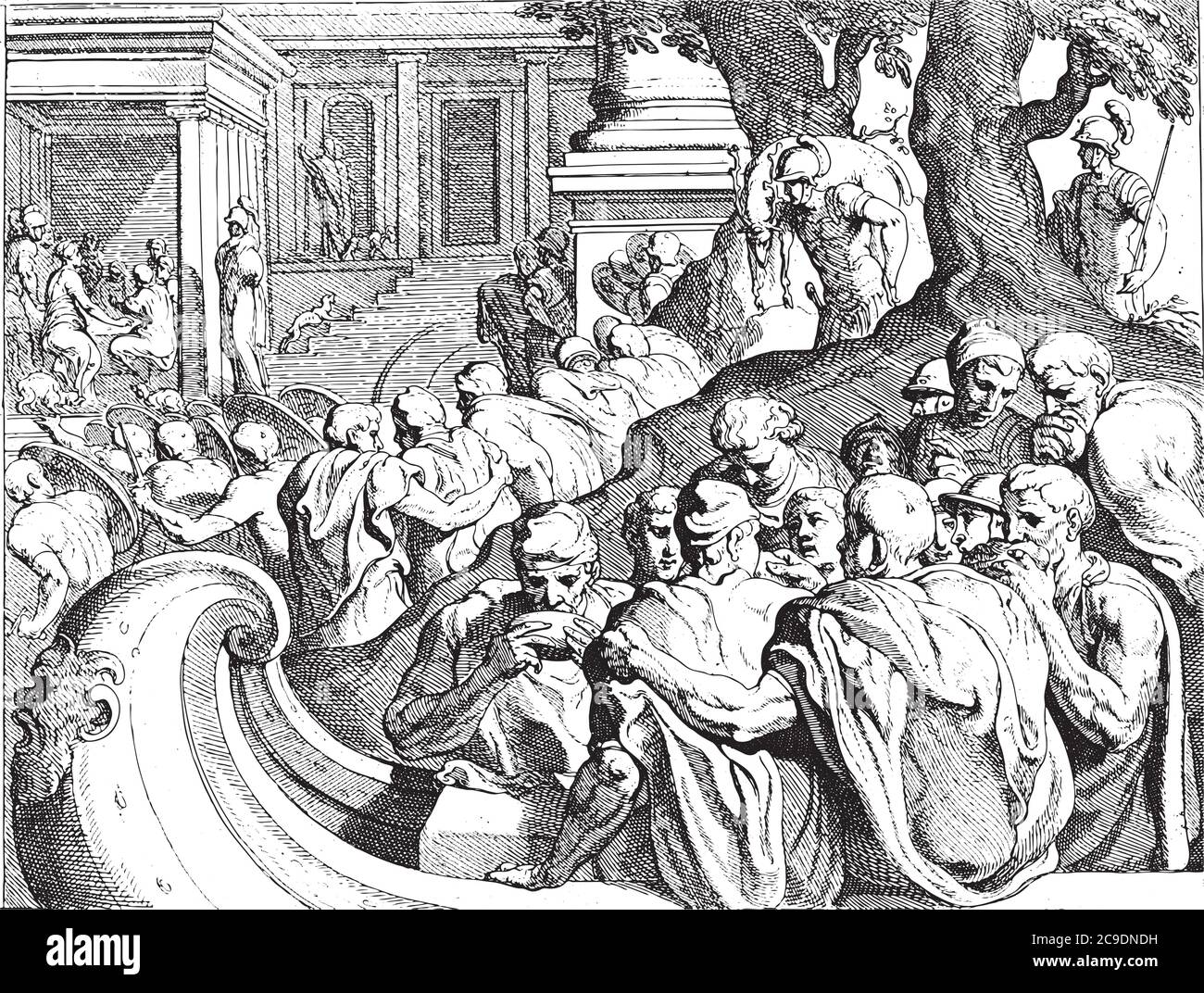 Odysseus arriving on the island of Circe, Theodoor van Thulden, after Francesco Primaticcio, after Nicolo dell Abate, 1633 Odysseus and his men arrive Stock Vector