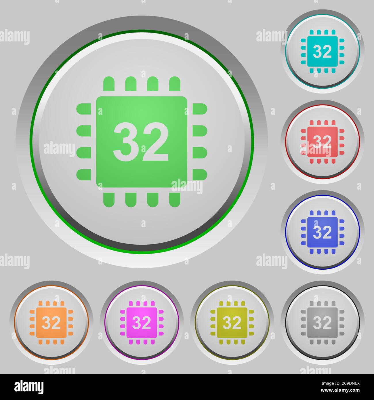 Microprocessor 32 bit architecture color icons on sunk push buttons Stock Vector