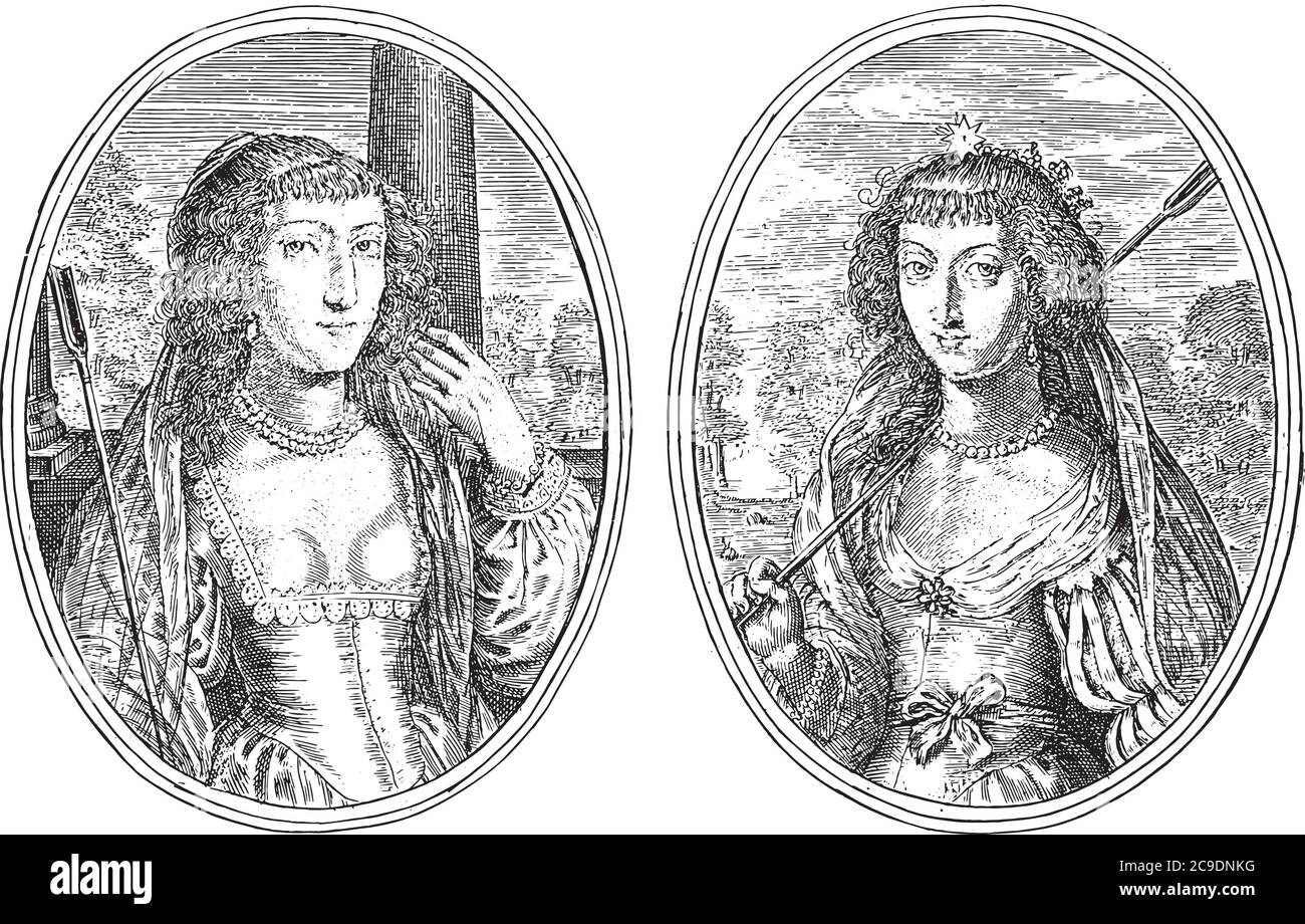 Two scenes on an album sheet. On the left the portrait of Louisa Francisca de Guzman as Lusitana P.P.T.G.A, vintage engraving. Stock Vector