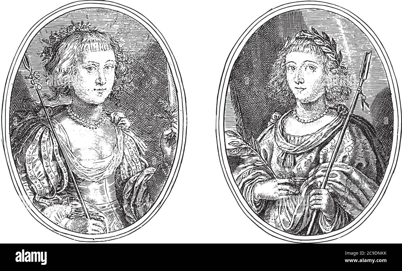 Two scenes on an album sheet. On the left the portrait of an unknown woman like Felicea N.Z.L.D.A., vintage engraving. Stock Vector