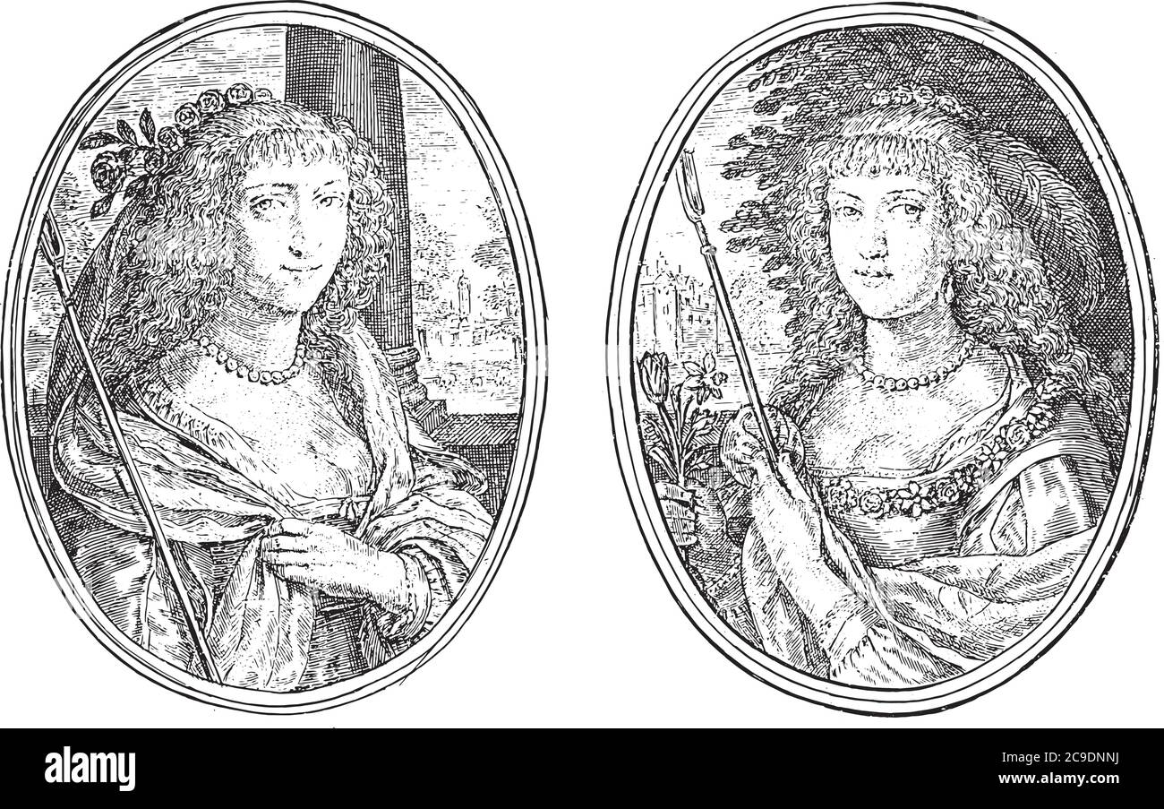 Two depictions on an album page. Portraits of two unknown women with shepherd's staff like Senyburga D.N.T. and Orienda N.T. In the background, respec Stock Vector