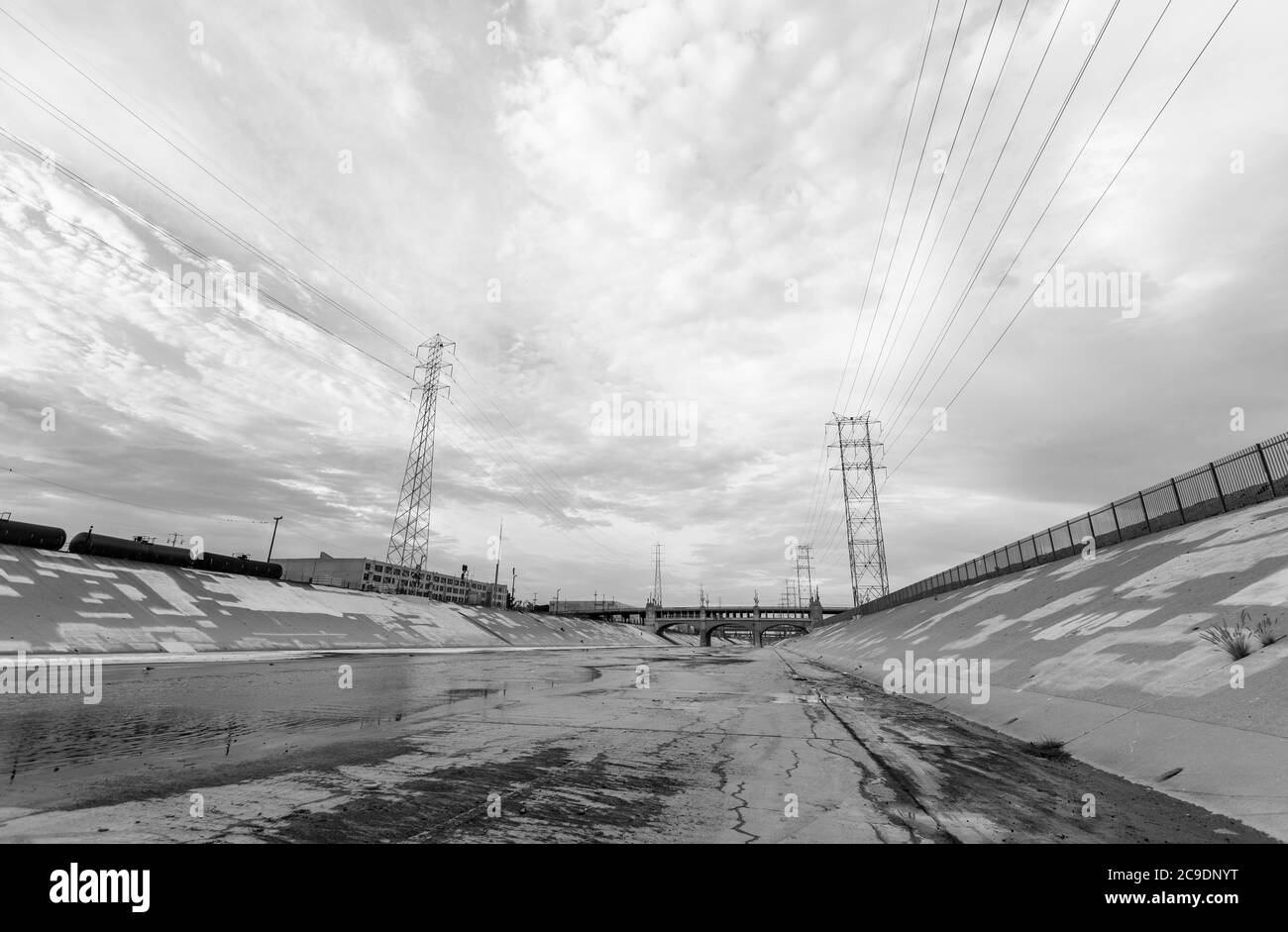 Black and white view inside the Los Angeles river near downtown LA California. Stock Photo