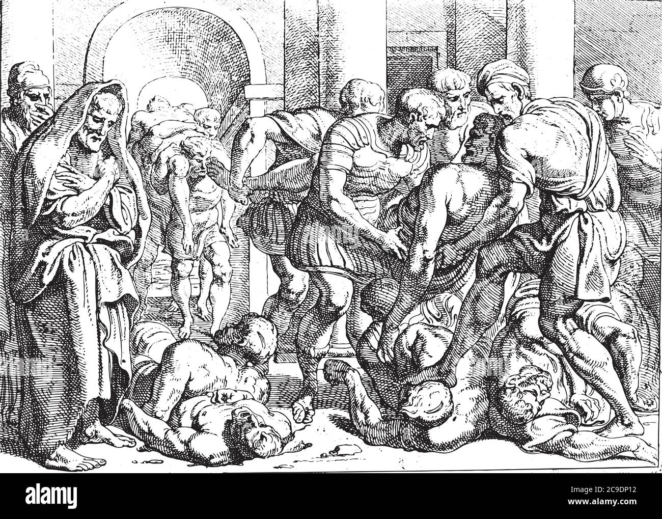 Clearing up the bodies of the suitors, The relatives of the suitors killed by Odysseus lift the bodies to bury them, vintage engraving. Stock Vector