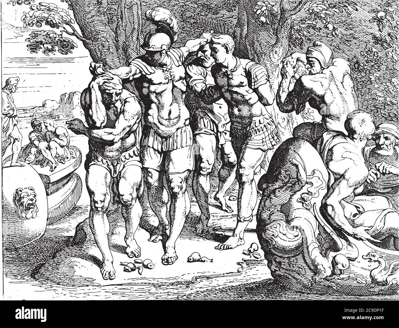 Odysseus in the land of the lotus eaters, Theodoor van Thulden, after Francesco Primaticcio, after Nicolo dell Abate, 1633 On the island of the lotus Stock Vector