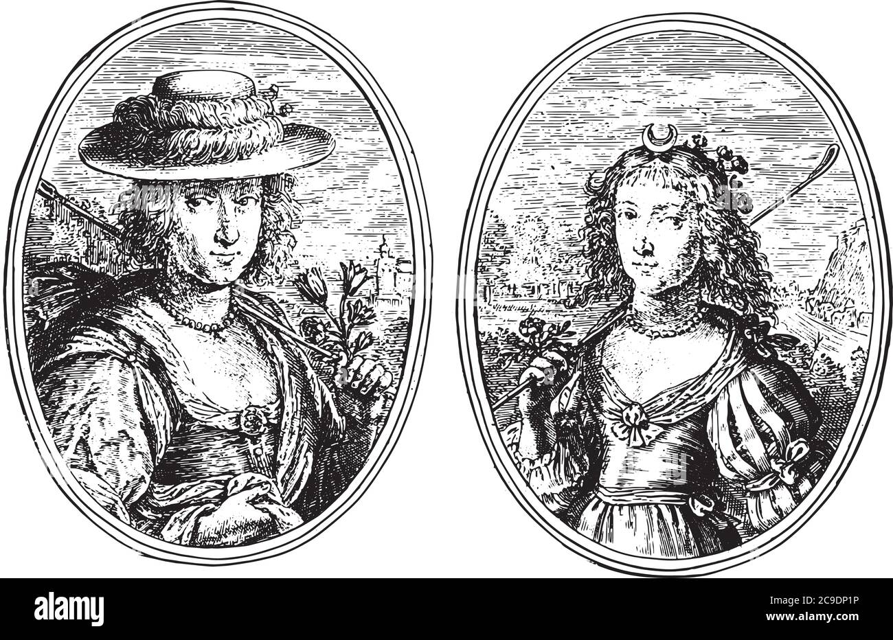 Two depictions on an album page. Portraits of two unknown women with shepherd's staff and flowers, vintage engraving. Stock Vector