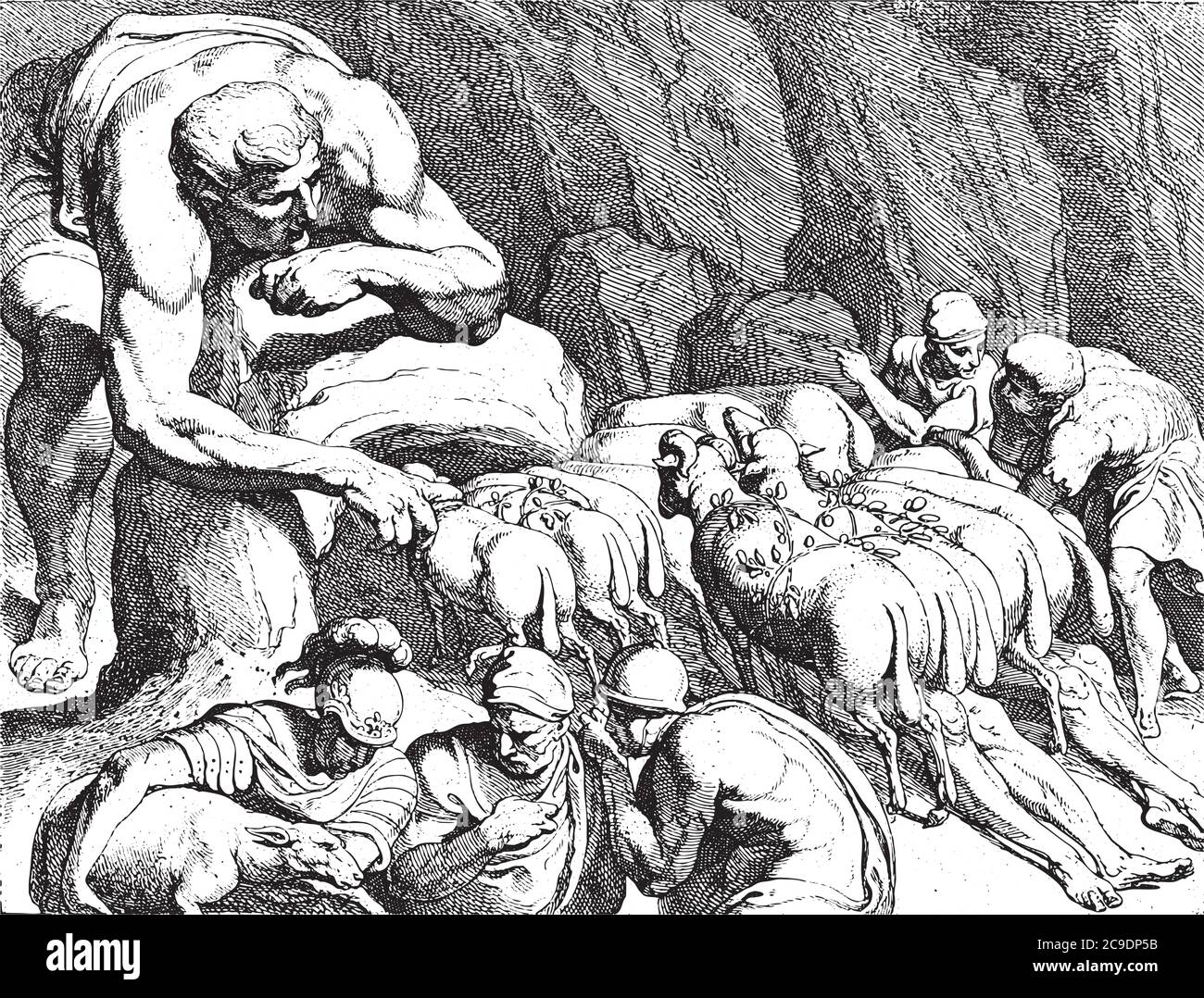 Odysseus escapes from the cave of Polyphemus, The giant Polyphemus, blinded by Odysseus, opens his cave to let his flock of sheep out, vintage engravi Stock Vector