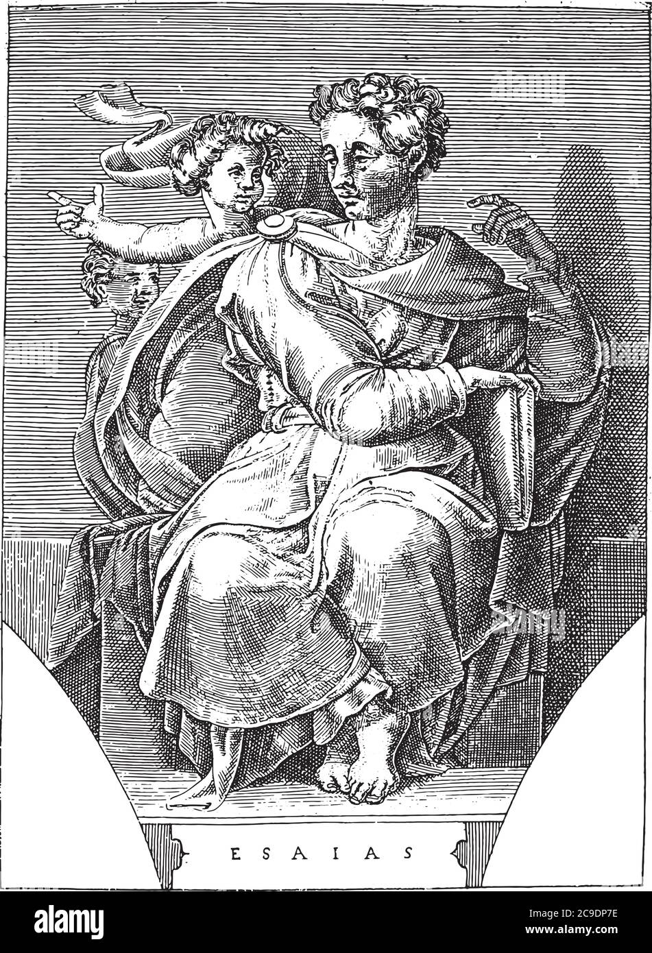 Prophet Isaiah, Adamo Scultori, after Michelangelo, 1585 The prophet Isaiah sitting with a book. Two small figures behind the prophet, vintage engravi Stock Vector