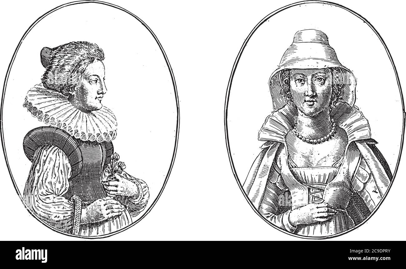Two scenes on an album page. On the left the courtesan Balbiereis Ket from Frankfurt and on the right Anna Rosina van Marburg, vintage engraving. Stock Vector