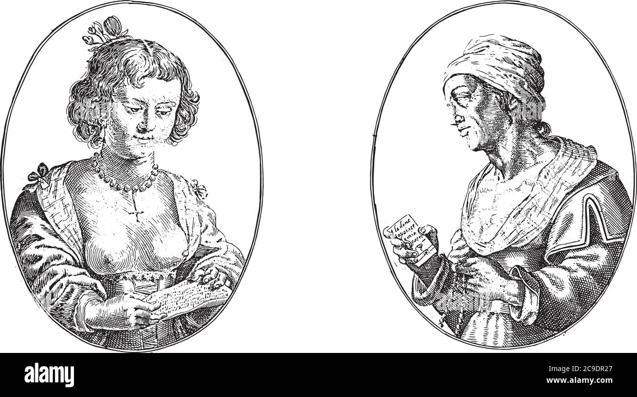Portraits of the courtesans called La Belle Zavonare and Anna la Vetz, Crispijn van de Passe (II), vintage engraving. Stock Vector
