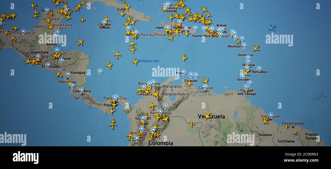 air traffic over Caribbean sea !30 july 2020, UTC 16.22)  on Internet with Flightradar 24 site, during the Coronavirus Pandemic Stock Photo