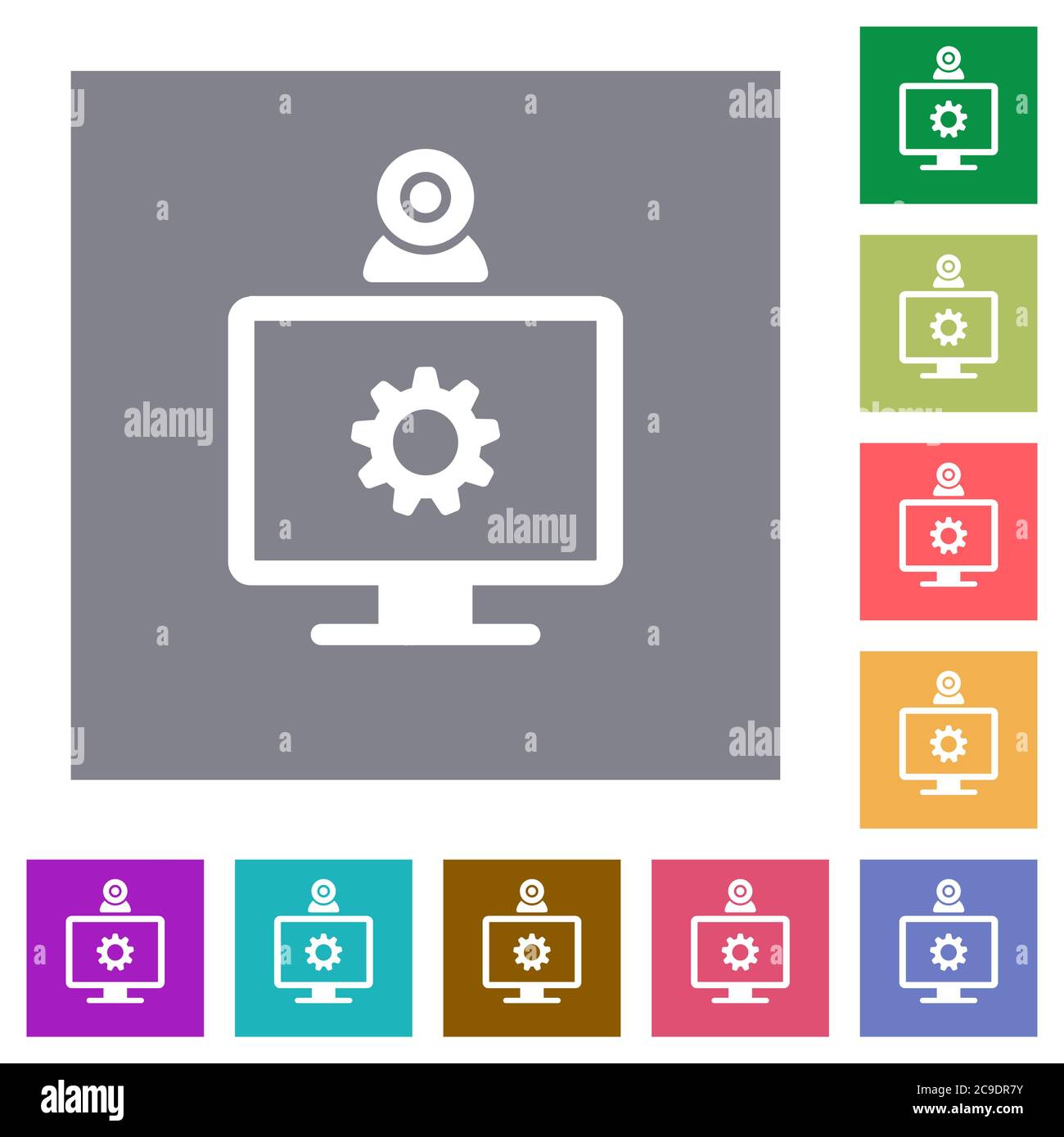 Webcam settings flat icons on simple color square backgrounds Stock Vector