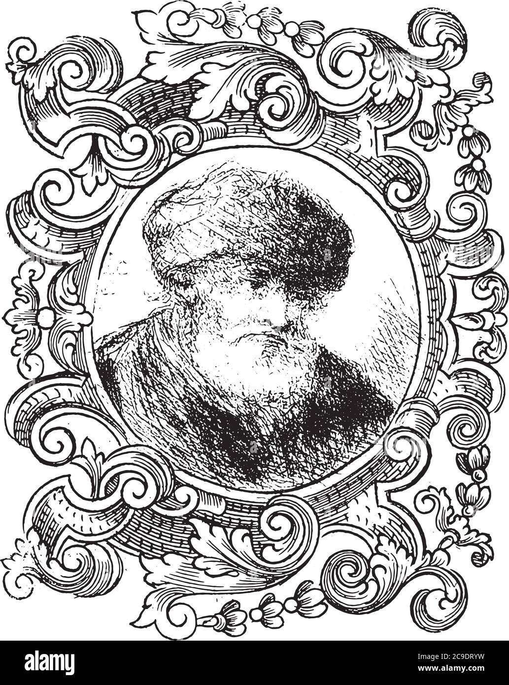 Old Man with a Fur Hat in an Ornament Border, Jan Chalon, 1802, vintage engraving. Stock Vector