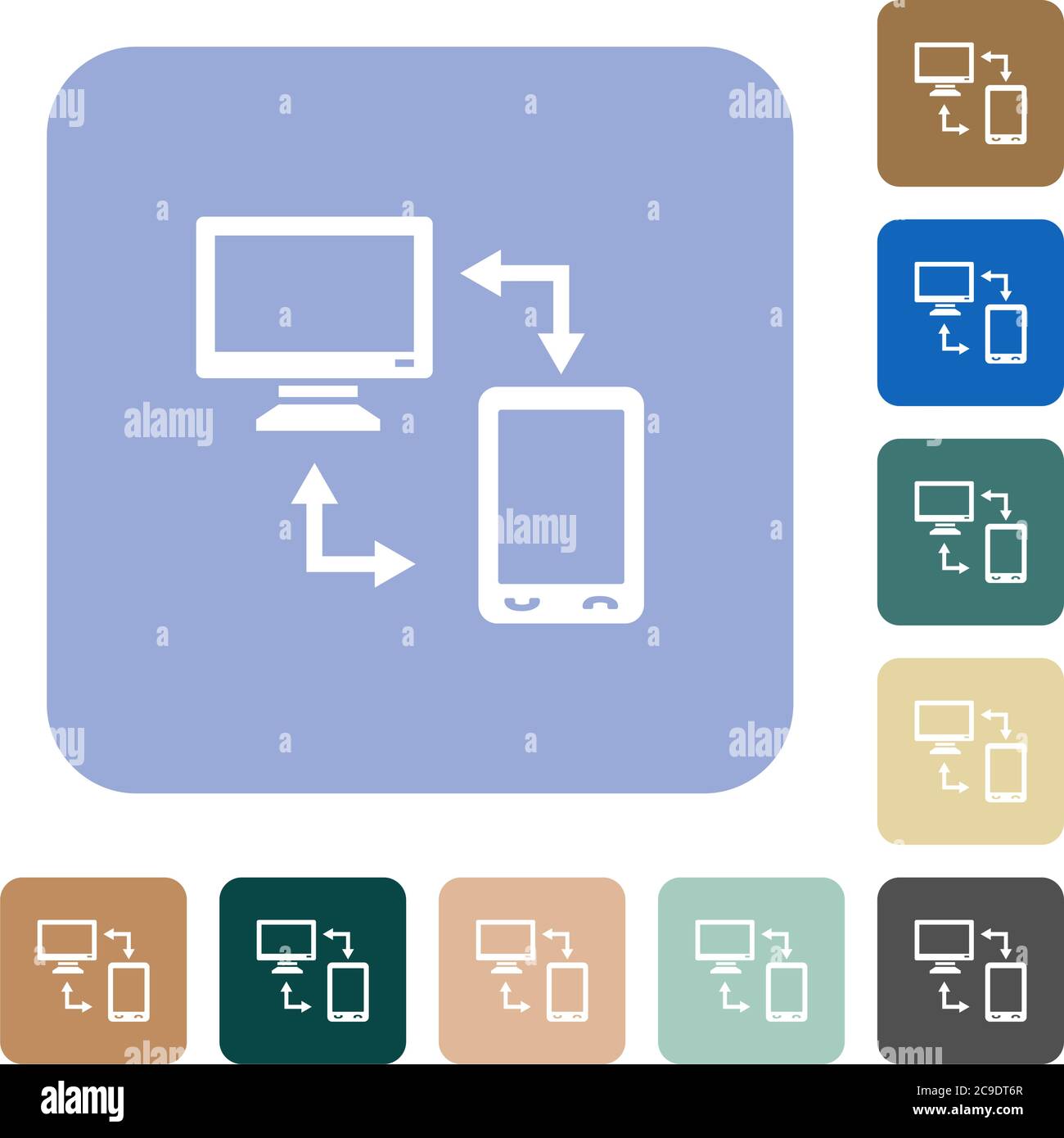 Connecting mobile to desktop white flat icons on color rounded square ...