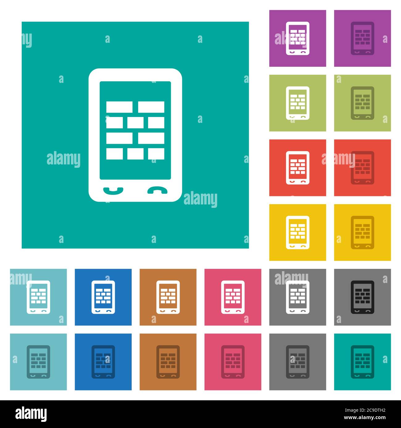 Mobile firewall multi colored flat icons on plain square backgrounds. Included white and darker icon variations for hover or active effects. Stock Vector