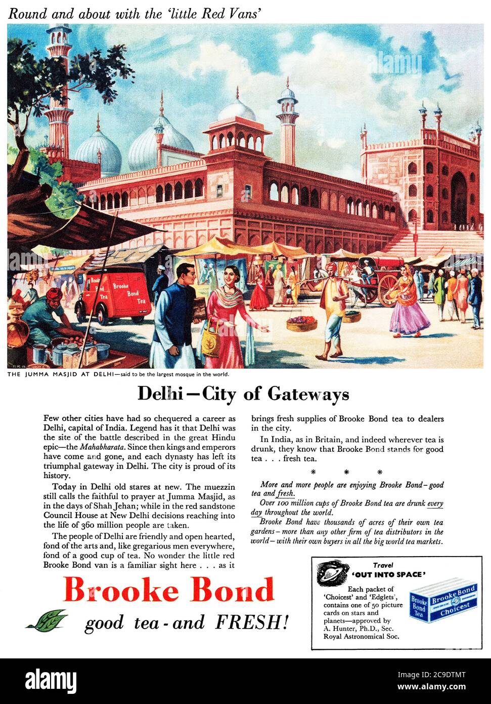 1950s British advertisement for Brooke Bond tea, featuring an illustration of the Juma Masjid mosque in Delhi, India. Stock Photo