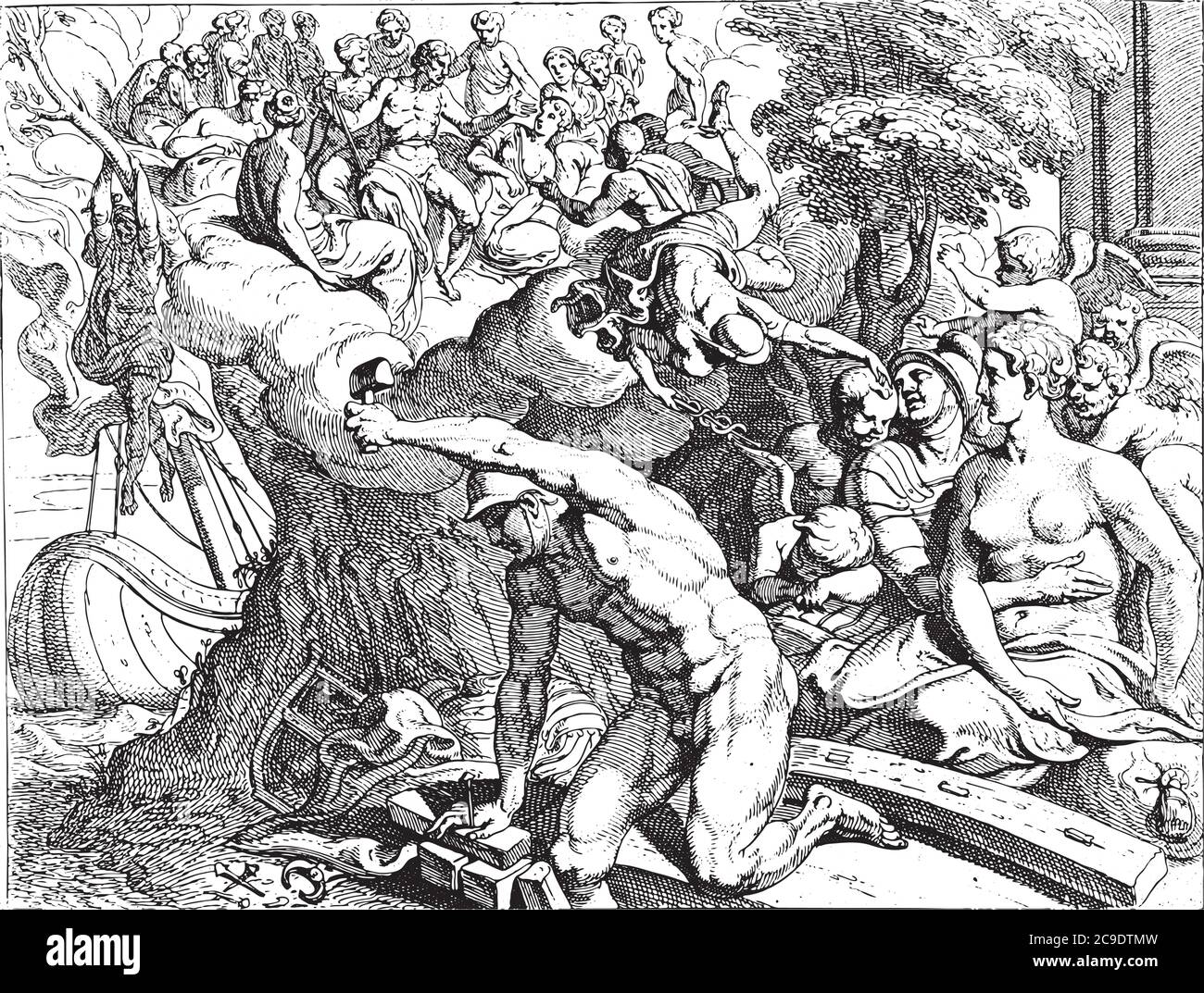 Odysseus and Calypso, On the left in the background Odysseus manages to save himself from the sea monster Charybdis by clinging to a fig tree, vintage Stock Vector