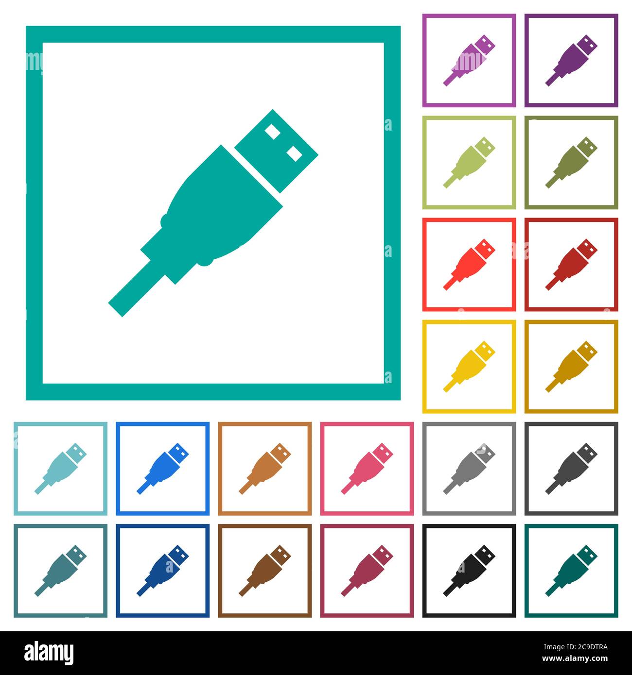 USB plug flat color icons with quadrant frames on white background Stock Vector