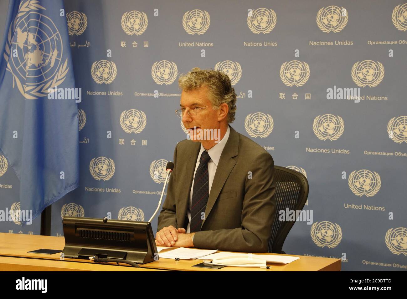 United Nations, UN headquarters in New York. 30th July, 2020. Christoph Heusgen, Germany's permanent representative to the United Nations, speaks at a press encounter at the UN headquarters in New York, on July 30, 2020. In response to U.S. President Donald Trump's intention to attend this year's General Assembly General Debate in person, Christoph Heusgen said on Thursday that it makes no sense for world leaders to be physically present given the COVID-19 pandemic. Credit: Xie E/Xinhua/Alamy Live News Stock Photo