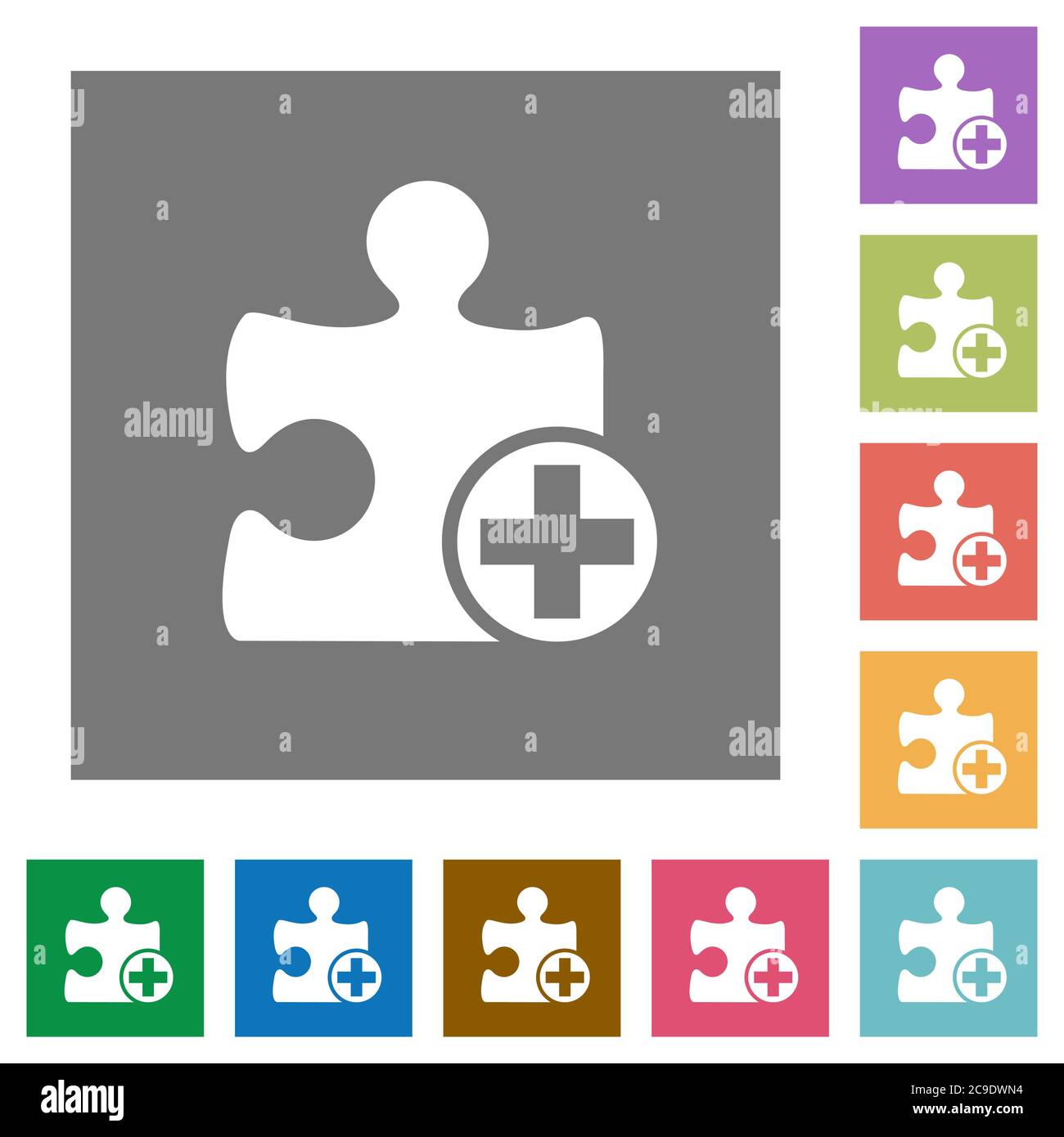 Add new plugin flat icons on simple color square backgrounds Stock Vector