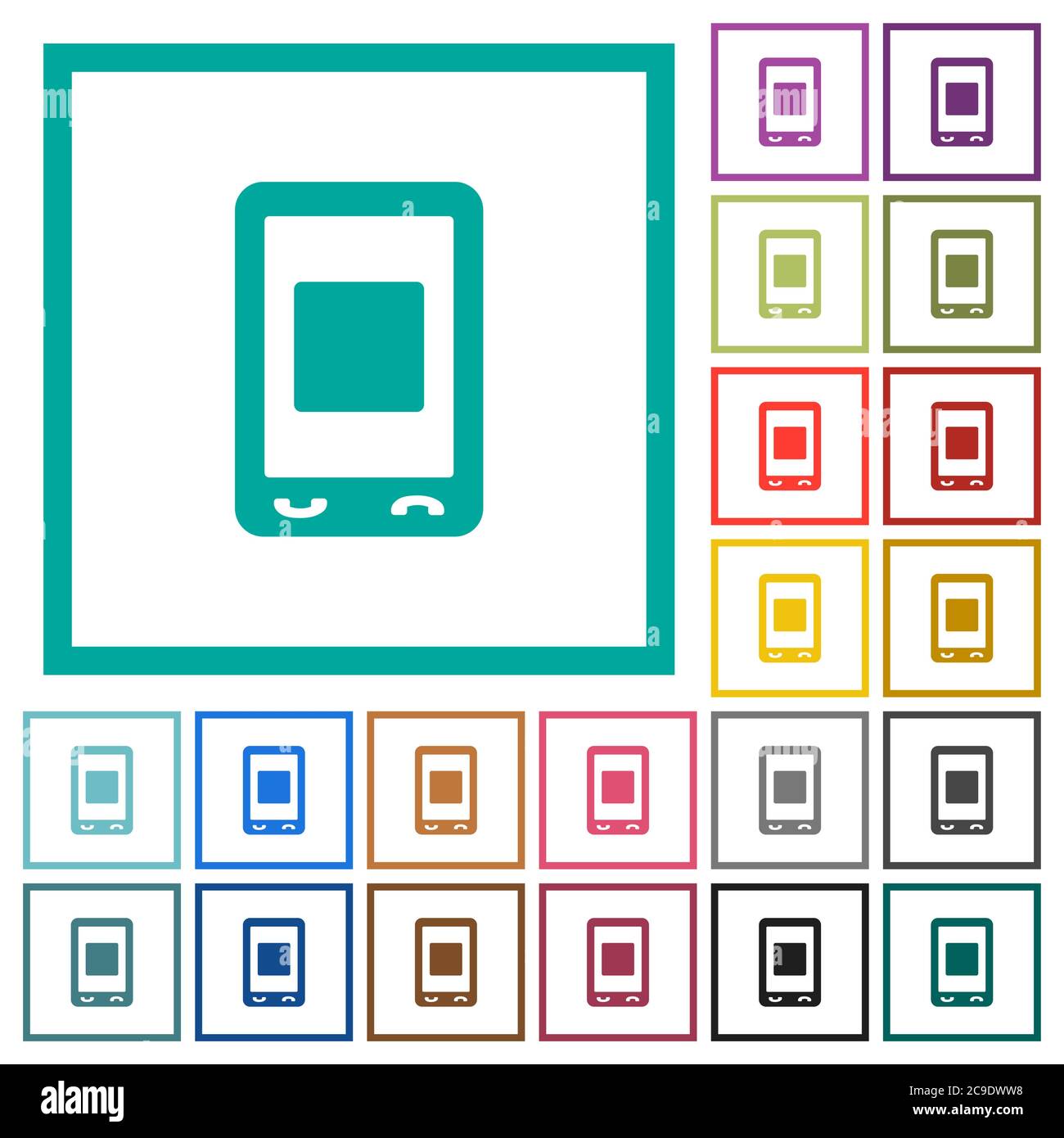 Mobile media stop flat color icons with quadrant frames on white ...