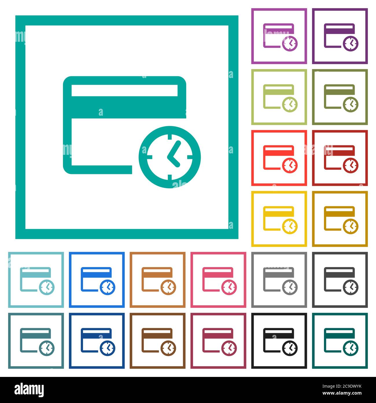 Credit card transaction history flat color icons with quadrant frames ...