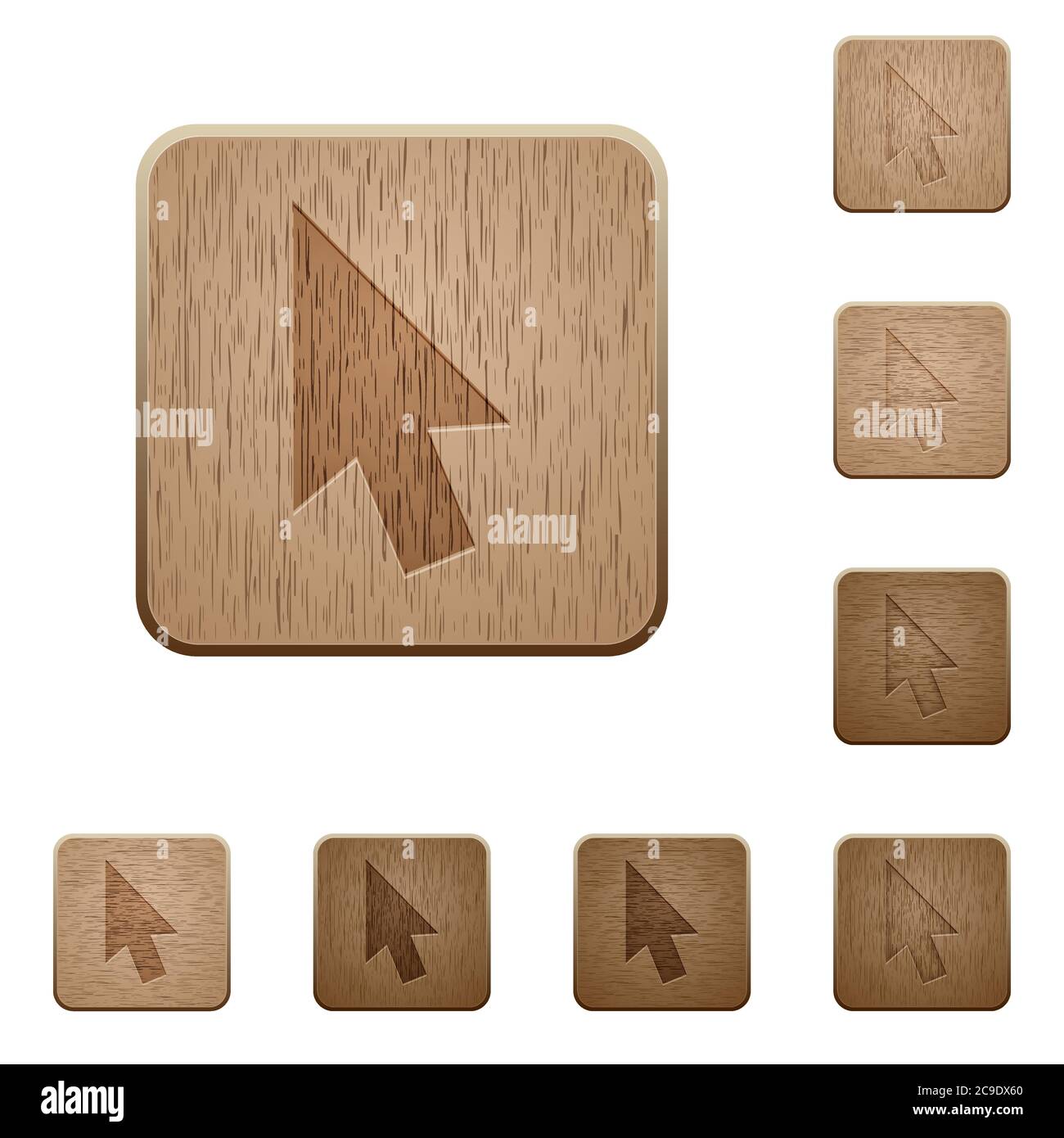Mouse cursor on rounded square carved wooden button styles Stock Vector