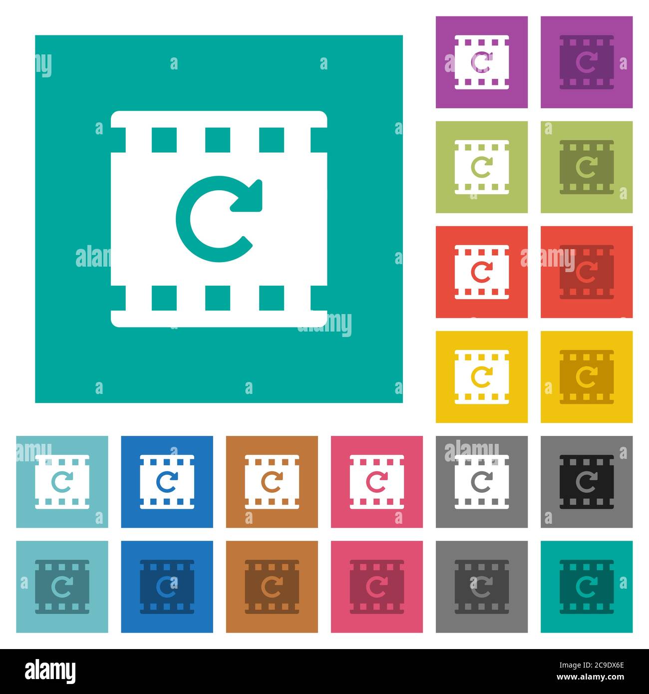 Redo movie operation multi colored flat icons on plain square backgrounds. Included white and darker icon variations for hover or active effects. Stock Vector