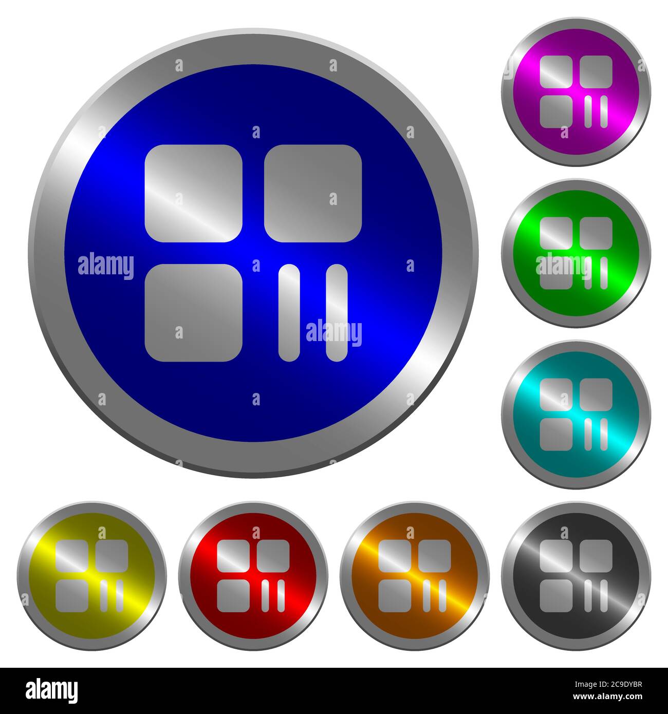 Component pause icons on round luminous coin-like color steel buttons Stock Vector