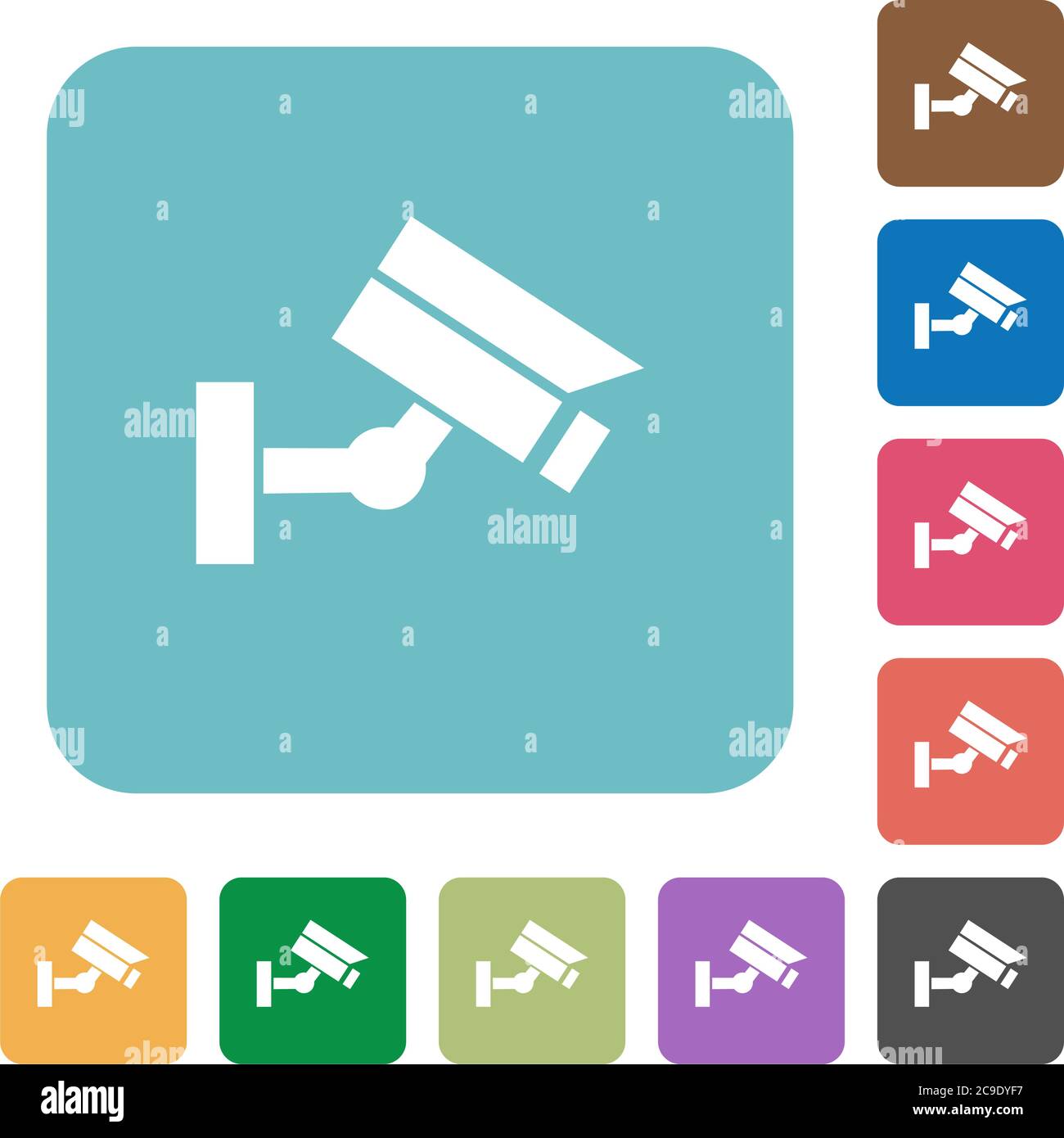 Security camera white flat icons on color rounded square backgrounds