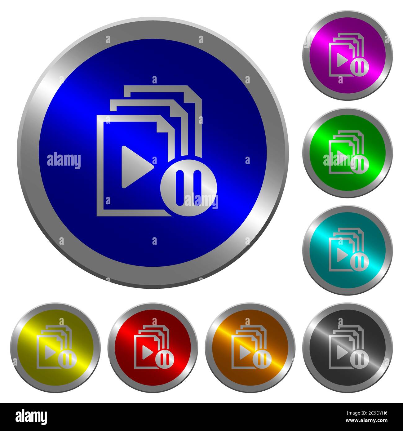 Pause playlist icons on round luminous coin-like color steel buttons Stock Vector