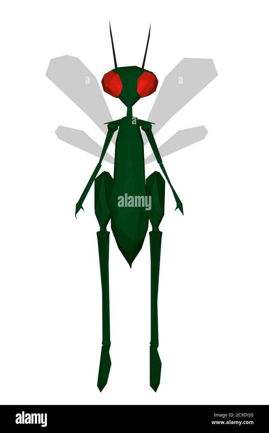 Low poly humanoid dragonfly. The green beetle stands on two legs. 3D. Vector illustration. Stock Vector