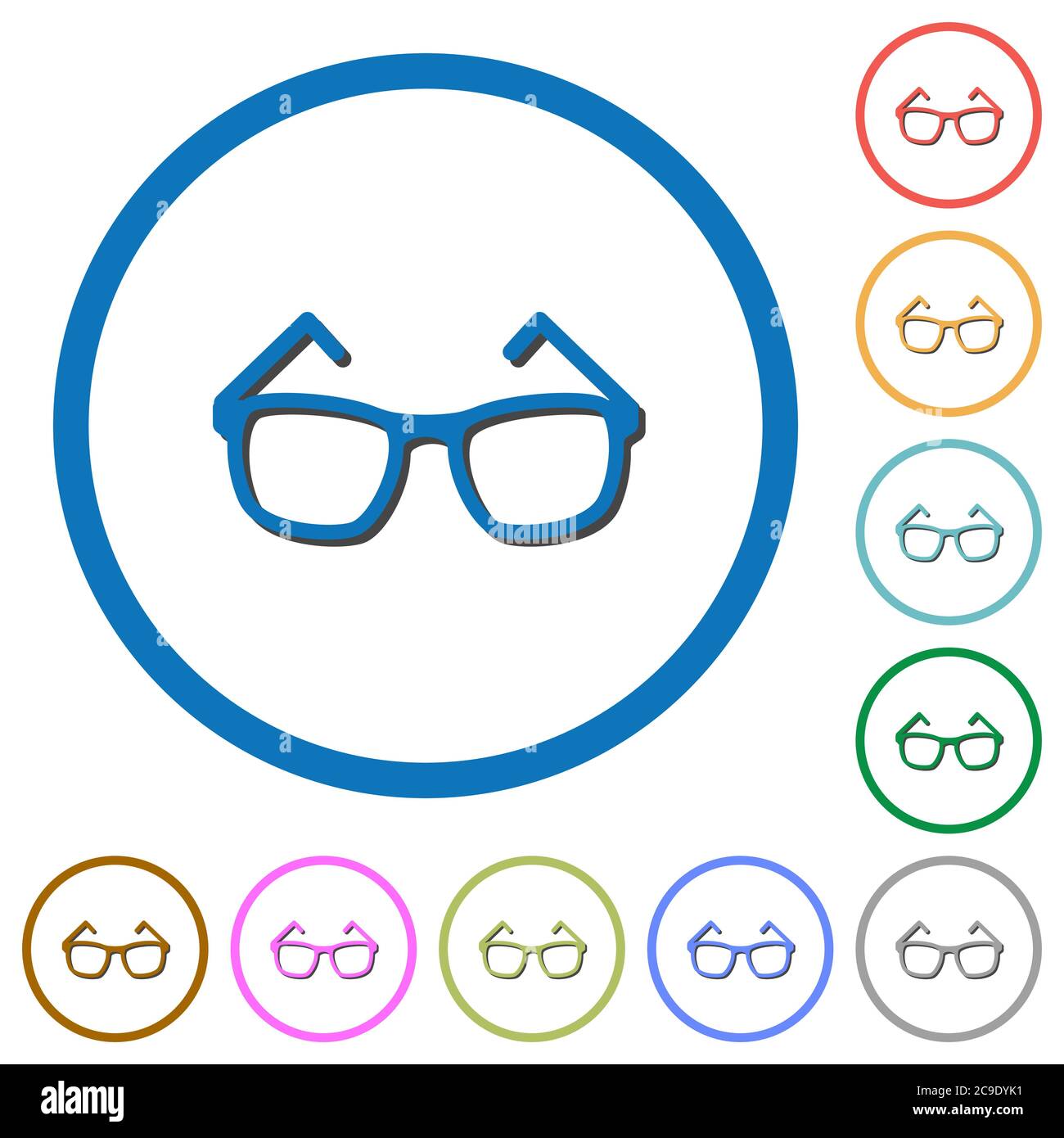 Eyeglasses flat color vector icons with shadows in round outlines on ...