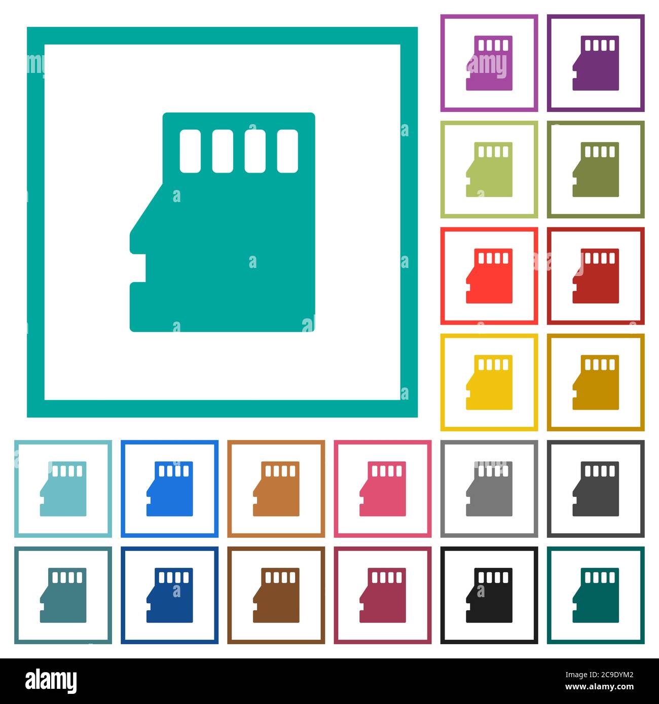 Micro SD memory card flat color icons with quadrant frames on white background Stock Vector