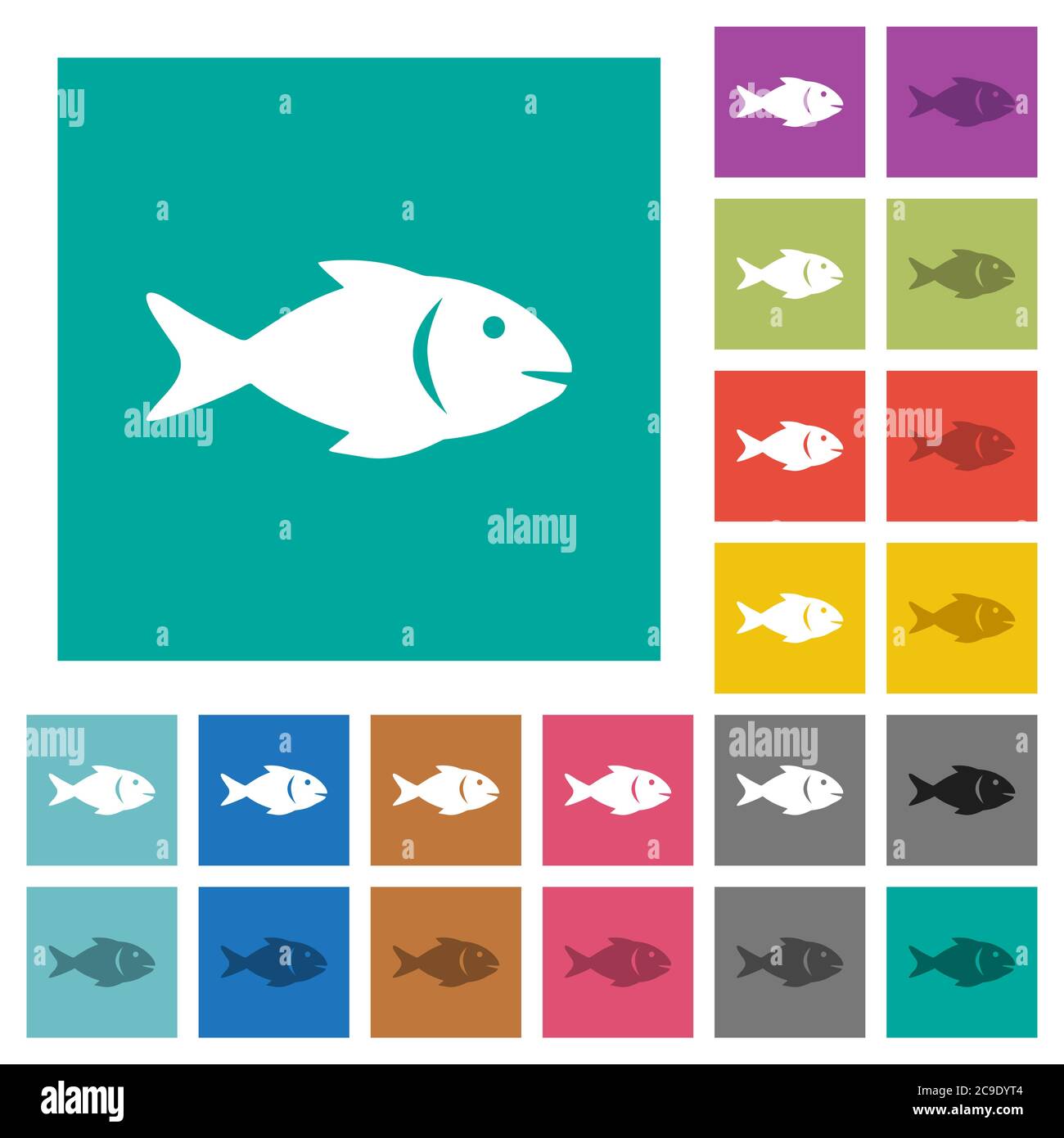 Fish multi colored flat icons on plain square backgrounds. Included white and darker icon variations for hover or active effects. Stock Vector