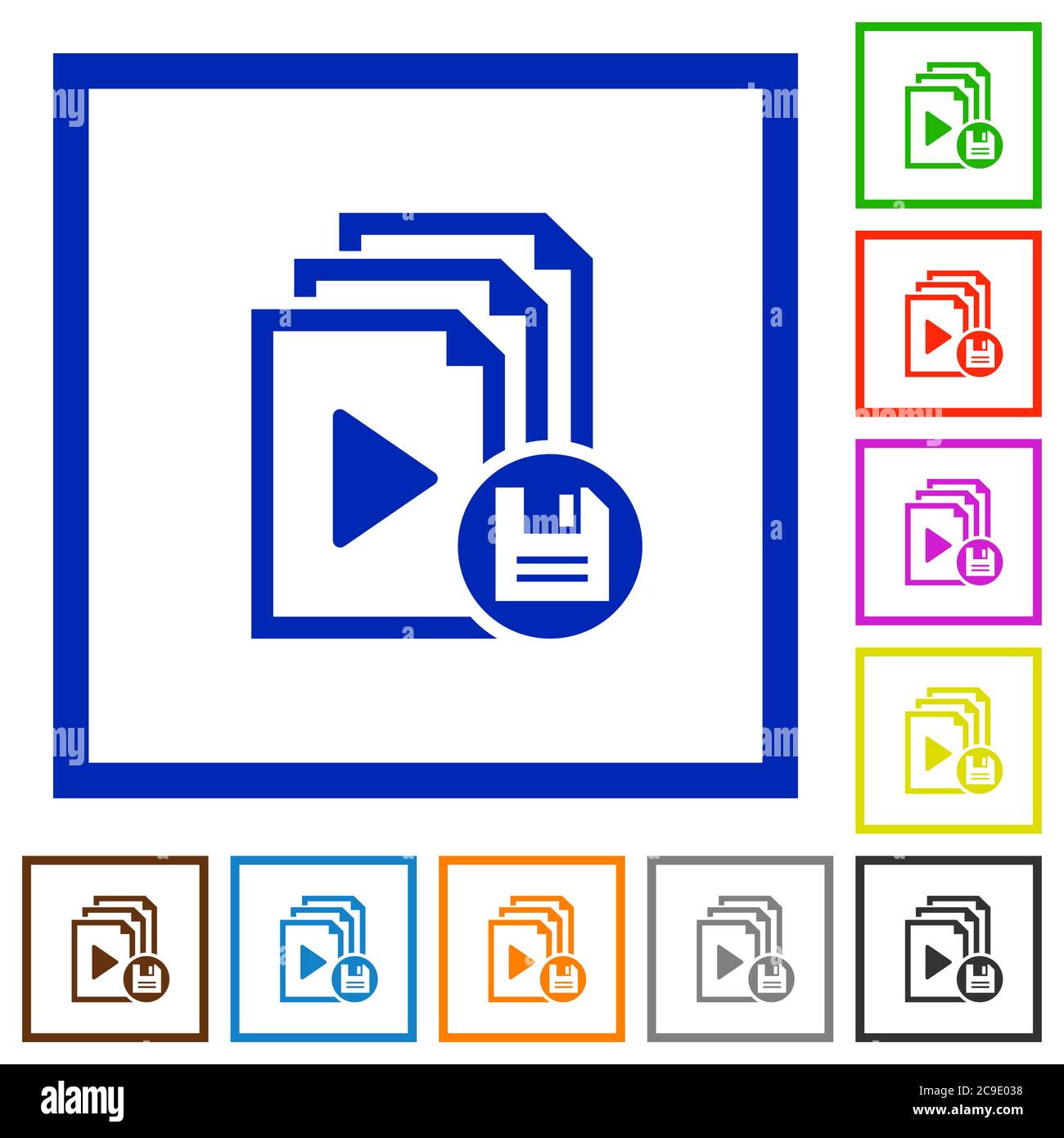 Save playlist flat color icons in square frames on white background Stock Vector