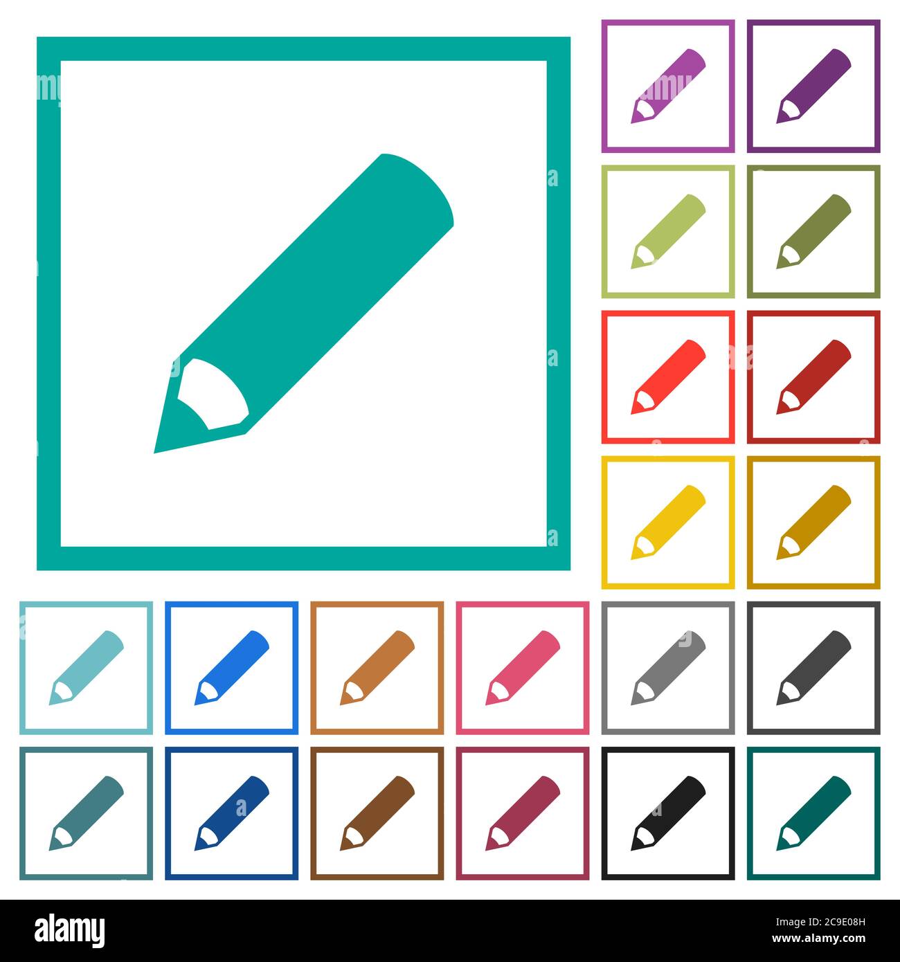 Pencil flat color icons with quadrant frames on white background Stock ...