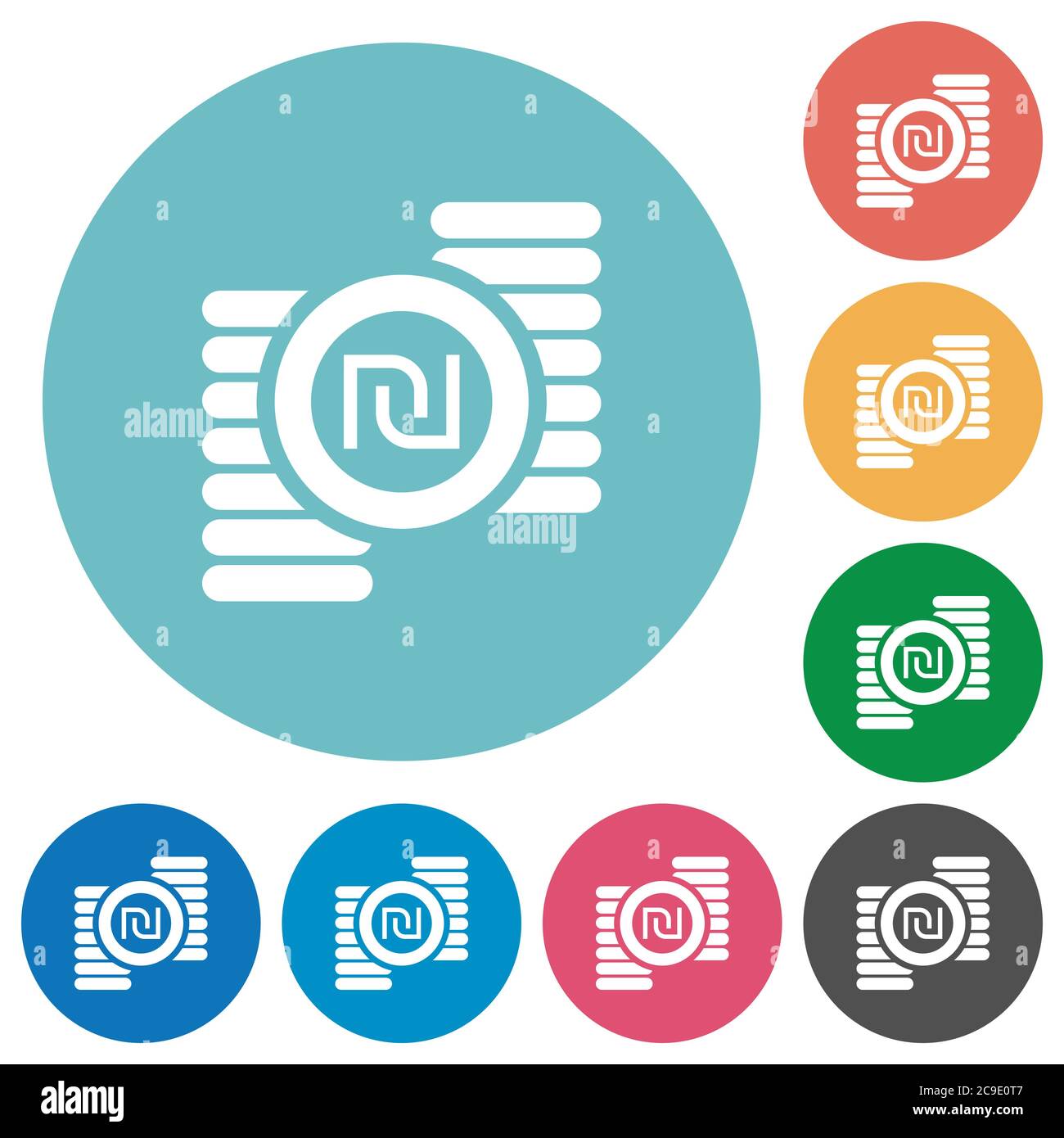 Israeli new Shekel coins flat white icons on round color backgrounds ...