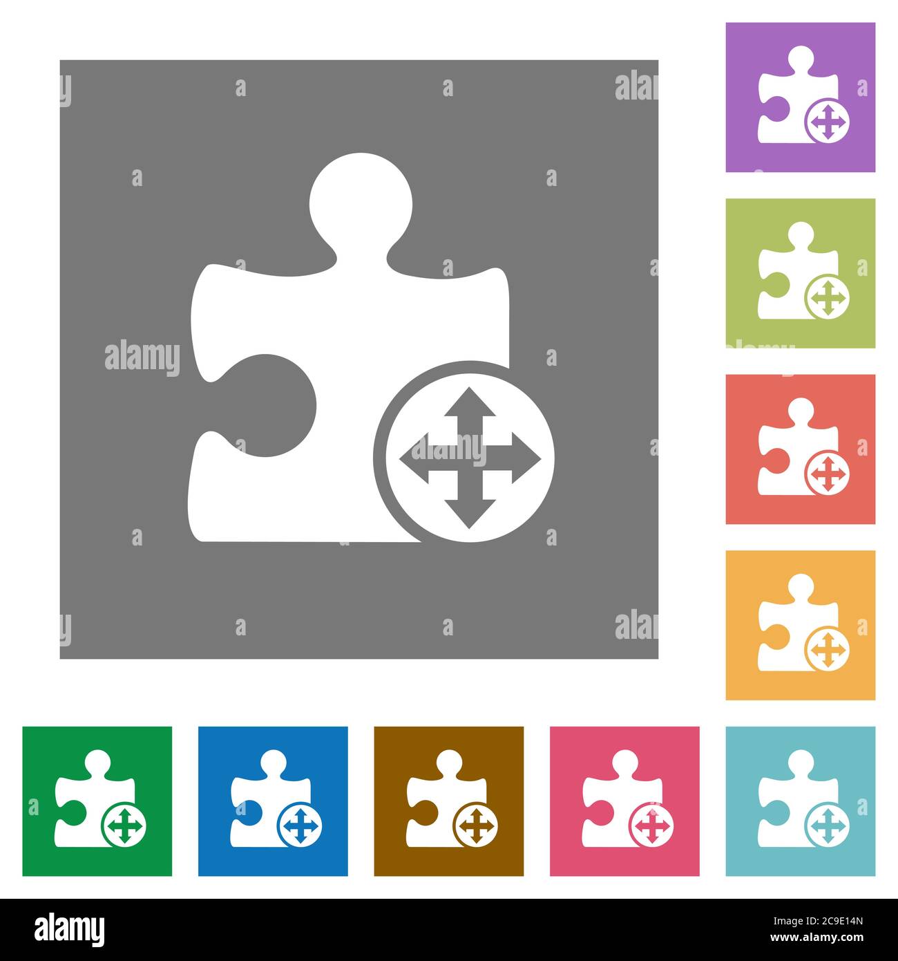 Move plugin flat icons on simple color square backgrounds Stock Vector