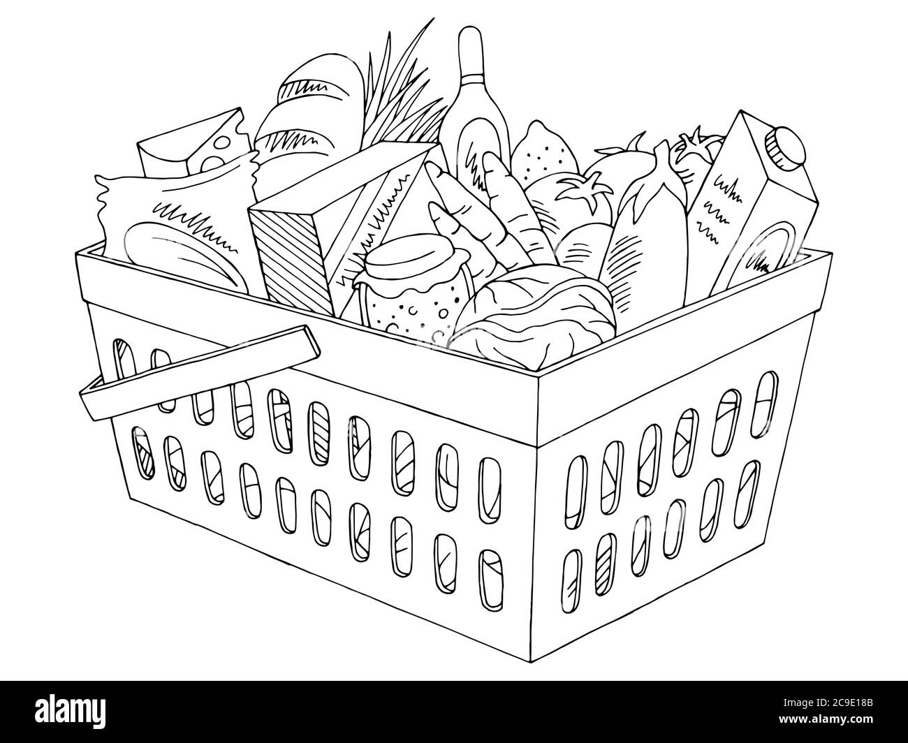 Grocery basket graphic isolated black white sketch illustration vector Stock Vector