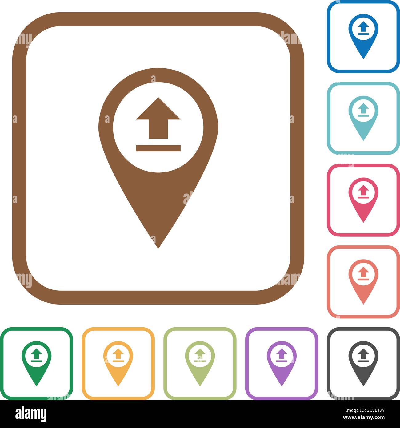 Upload GPS map location simple icons in color rounded square frames on