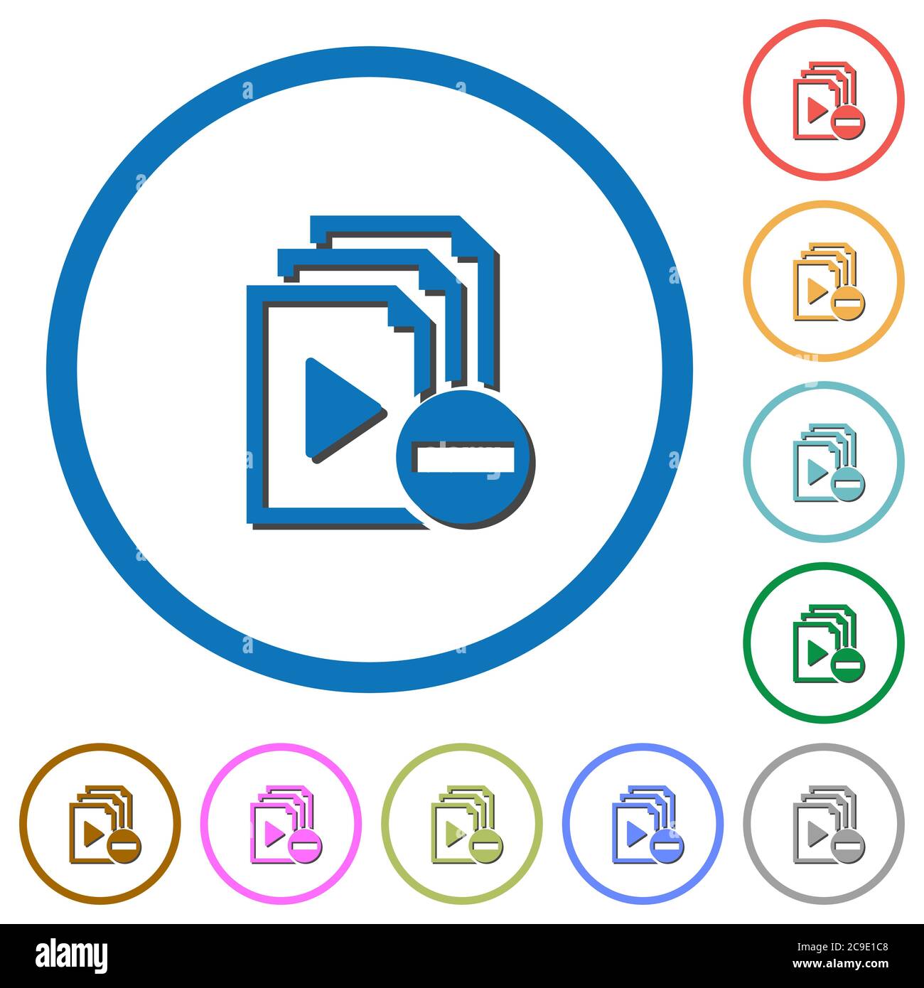 Remove item from playlist flat color vector icons with shadows in round ...